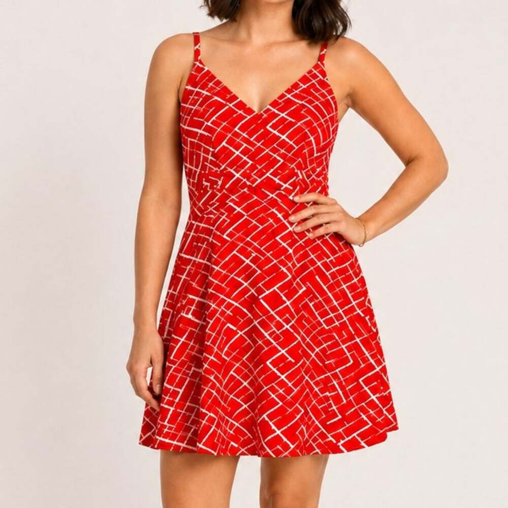 CeCe by Cynthia Steffe Red White Geometric Fit Flare Dress 8P Petite